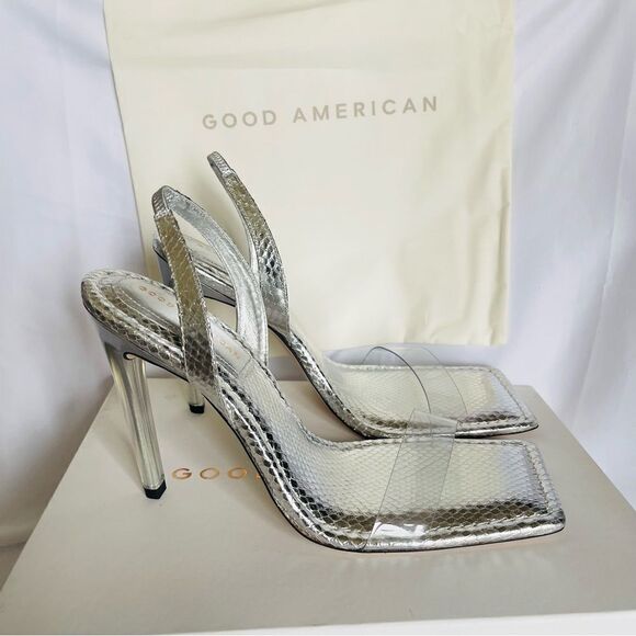 GOOD AMERICAN Heels Silver Snake Lucite Heels Size 12 square toe - Picture 5 of 12